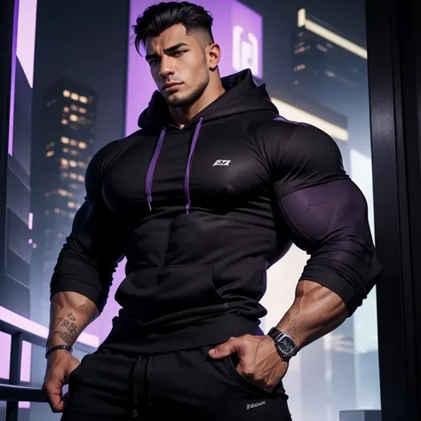 a very handsome young man, massively muscular, with massively large muscles, with massively large biceps, with massively large arms, wearing a simple black hoodie with long sleeves, in a futuristic city in purple and black colors