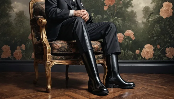 Old gentleman with a beard，Sit on a chair，Eyes on Boots，Black high gloss rain boots, 8k resolution,Masterpieces of wallpaper，Highest quality，Digital Painting，Very meticulous，super high quality