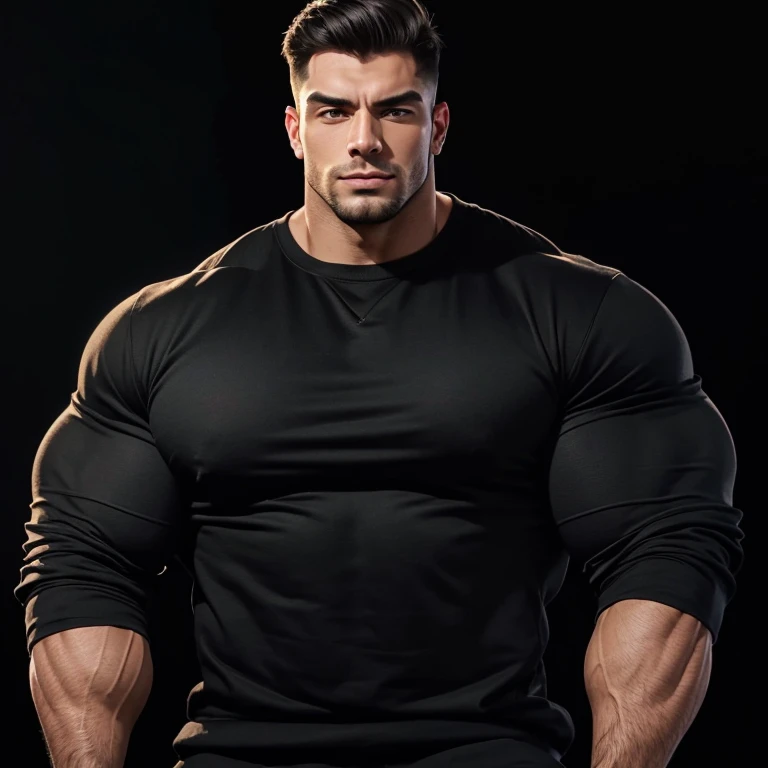 a very handsome young man, massively muscular, with massively large muscles, with massively large biceps, with massively large arms, wearing a simple black sweatshirt with long sleeves, on a black background