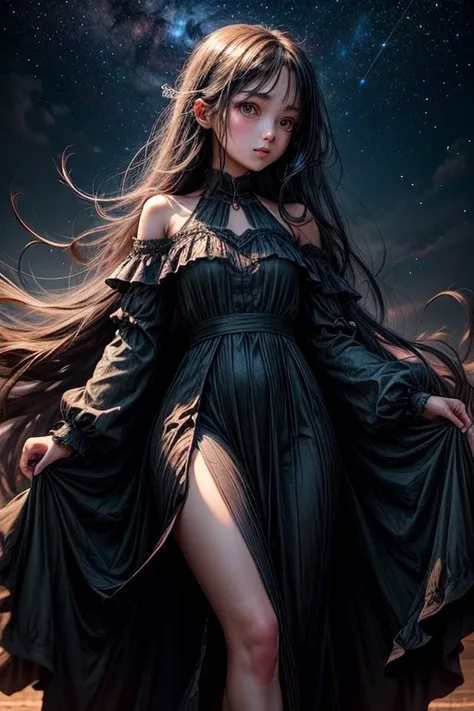 a girl with long dark hair in a long dress the color of the night sky against the background of the night sky