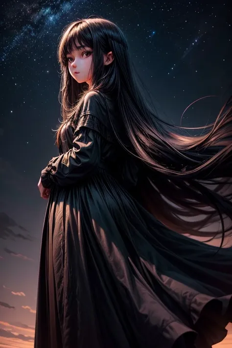 a girl with long dark hair in a long dress the color of the night sky against the background of the night sky