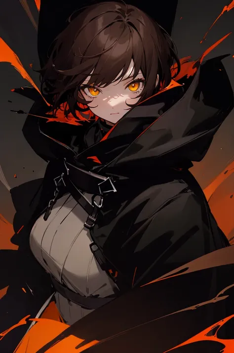 1female, brown hair, short hair, bright yellow eyes, detailed face, dark black coat, hood over head, dark background, black and red spirits surrounding, dark background