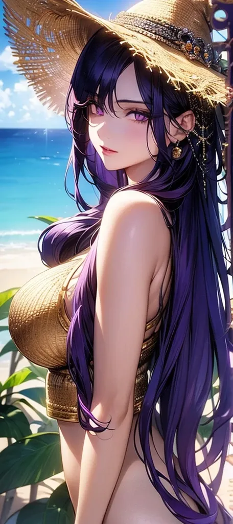 a beautiful detailed woman with long purple hair, extremely detailed face and eyes, extremely detailed skin texture, dramatic lighting, dramatic colors, photorealistic, high quality, professional, cinematic, glowing skin, sandy beach, tropical plants, big ...