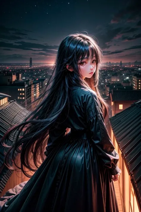 an Asian girl with long dark hair stands on the roof of a house in a long dress the color of the night sky against the backdrop of a night city