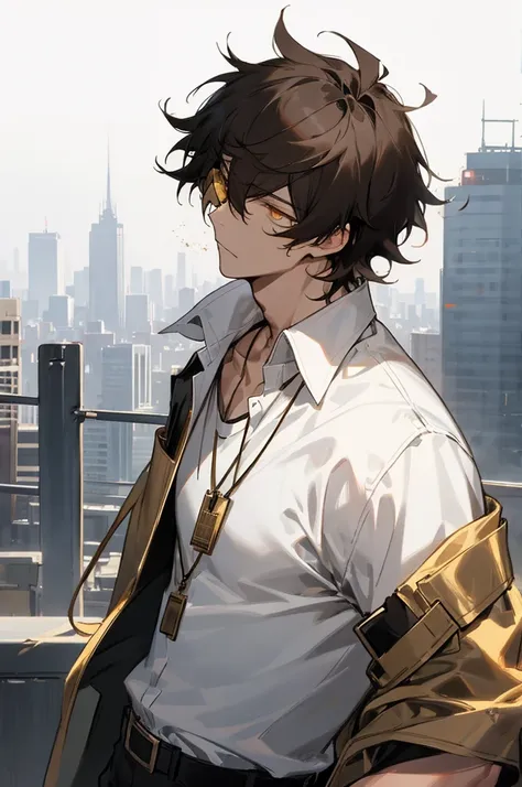 1male, dark hair, messy hair, golden eyes, black aviators, white shirt, golden dog tags, cityscape background, calm expression