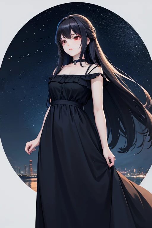 an Asian girl with long dark hair in a long dress the color of the night sky against the backdrop of a night city