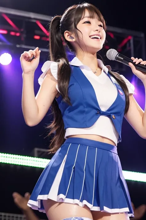 Japanese high school girl, 18 years old, idol singer, side ponytail, smiling, idol costume, performing on outdoor stage, angle looking up from below, flushed cheeks、Chest glistening with sweat from thighs
