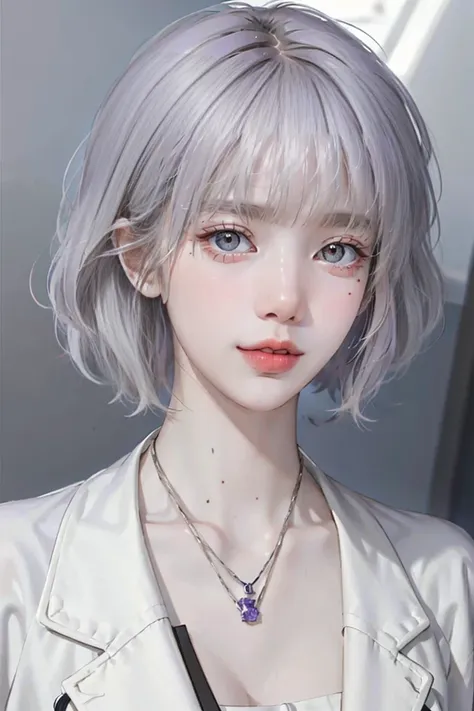 ((woman with tattoo on chest)), girl, ((short white hair with bangs, black strands of hair)), purple eyes, white t-shirt and whi...