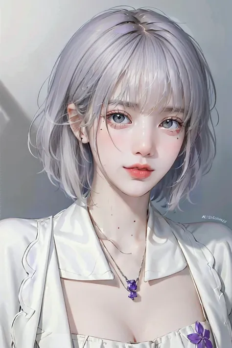 ((woman with tattoo on chest)), girl, ((short white hair with bangs, black strands of hair)), purple eyes, white t-shirt and whi...