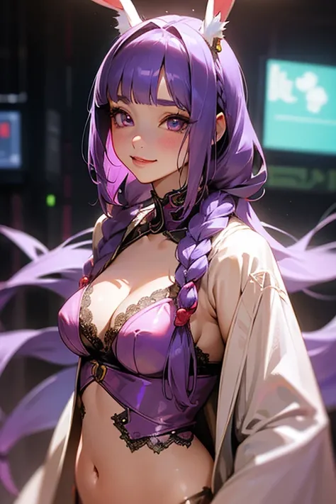 1 girl, Blunt bangs, Braiding, Wide sleeves, hair ornaments,Obi says, (Purple Hair:1.2), Very long hair, Straight hair, Looking at the audience, Highly detailed background, (Realistic:1.2), Beautiful Eyes, Red eyeshadow, thigh, (Urzan-6500:0.7), Upper Body...