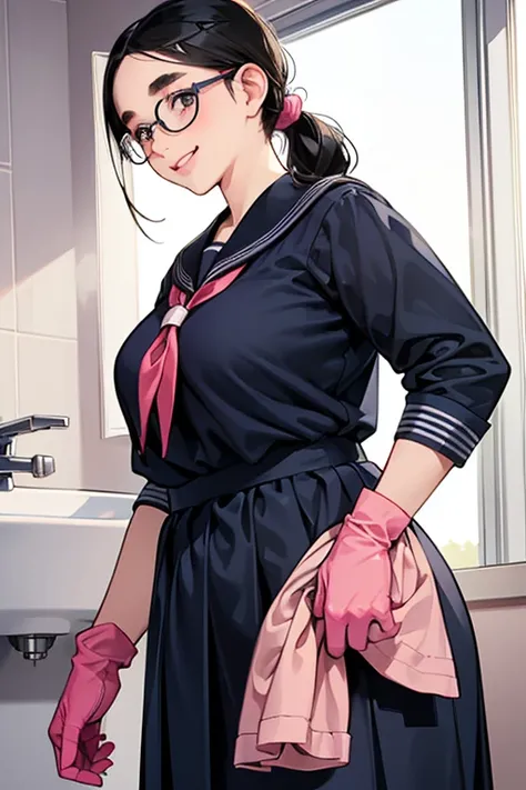 A chubby, freckled, glasses-wearing girl with black hair tied up, wearing a navy blue long-sleeved sailor uniform and smiling while wearing oversized pink rubber gloves, cleaning a toilet　Thick eyebrows　Long Skirt