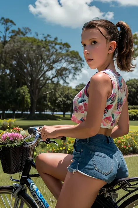 a young millie  bobby brown sitting astraddle atop the side of a bicycle with flowers in the background, 1 girl, alone, bermuda,...