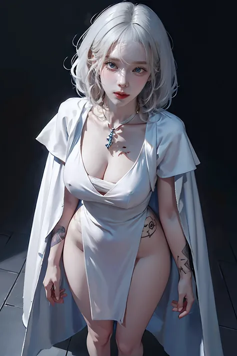 ((woman with tattoo on chest)), girl, Short white hair with bangs, Black strands of hair, Purple eyes, White T-shirt and white cape, Pendant around the neck. Natural and beautiful standing posture, Crisp and realistic body detail. 超High resolution.Photorea...