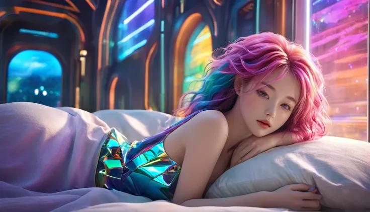 (Highest quality,8k,Very detailed:1.2),(CG,CG Art,3D Rendering),(masterpiece:1.2),（Sexy Outfits），(Cinema Lighting,Futuristic),(Woman lying in bed,Sleep,close your eyes),(The big window behind her,quiet night),(Colorful Hair:1.5)