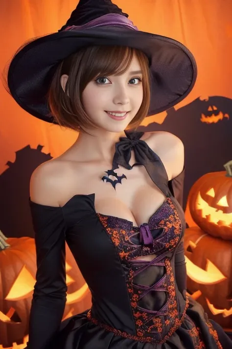 ((from below,upper body),a 25 years old girl, detailed cutie face, beautiful detailed eyes, detailed dropped eyes, beautiful charming smile, extremely detailed face,slender body,short hair,anime style, (halloween costume):2.0), Highres fix,colorful lights,...