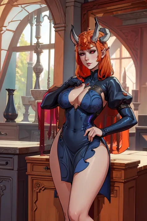 Mizora (Baldurs Gate 3), sexy devil female with orange hair, gray skin, blue dress, sexy thick thighs, big breasts, horns, devil tail