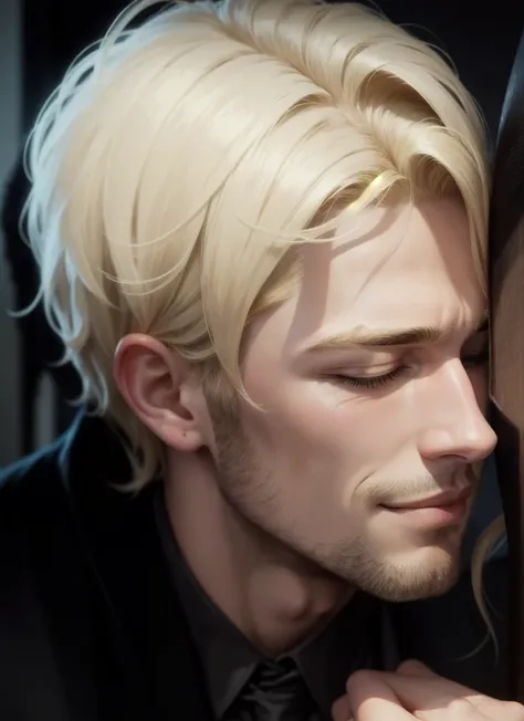 beautiful illustration, ultra-detailed, detailed, handsome man, man, male man, blonde hair, vampire smile, closed eyes