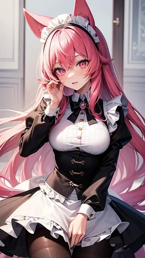 (highest quality,high resolution,very detailed,girl)black tights,pink hair,height: 160cm,cute,pink eyes,wearing maid uniform,lon...