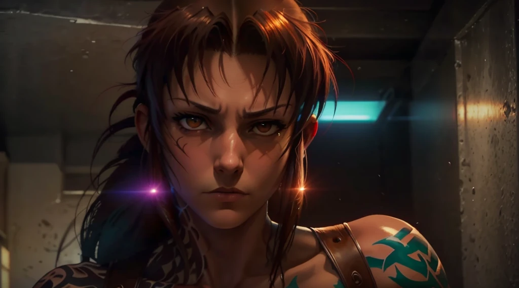 revy from black lagoon, neon lights, the artwork is rendered in an edgy and realistic style, with high attention to detail and s...