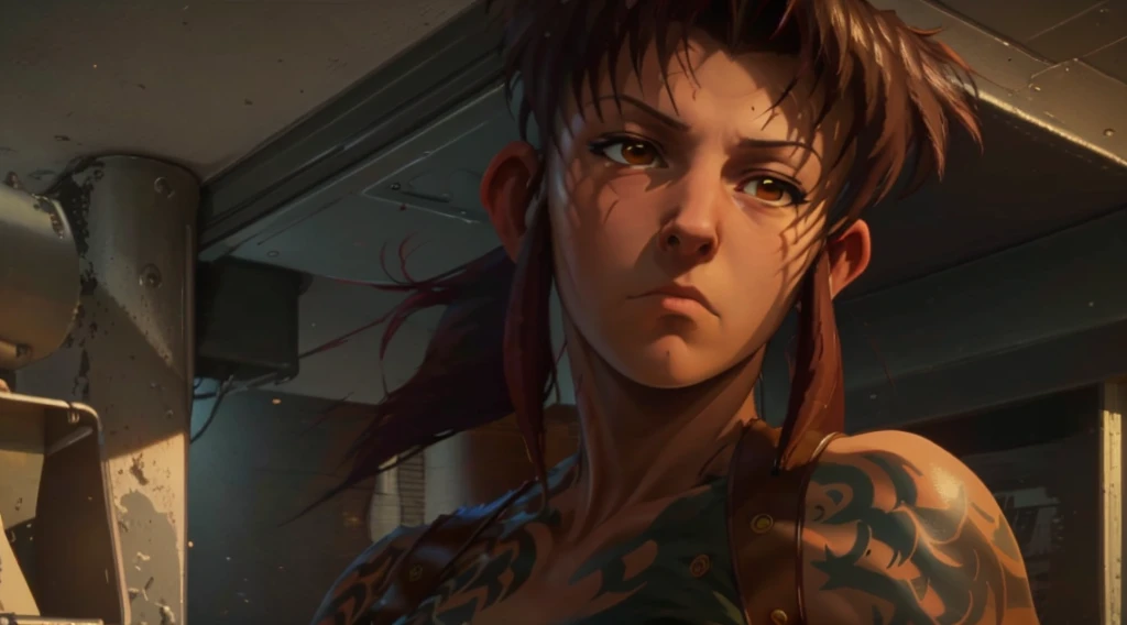 revy from black lagoon, neon lights, the artwork is rendered in an edgy and realistic style, with high attention to detail and s...