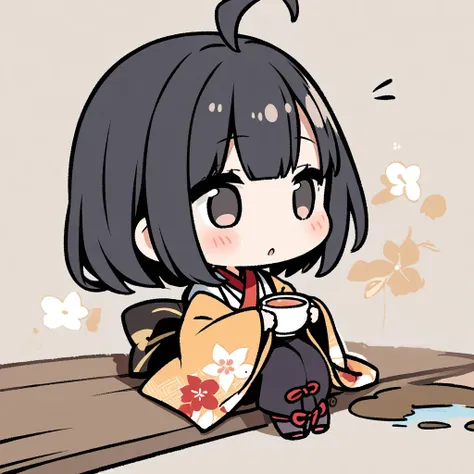 a girl in a kimono sits upright、offering japanese tea、chibi character、ahoge、black hair、