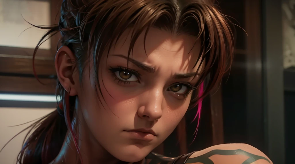 revy from black lagoon, neon lights, the artwork is rendered in an edgy and realistic style, with high attention to detail and s...