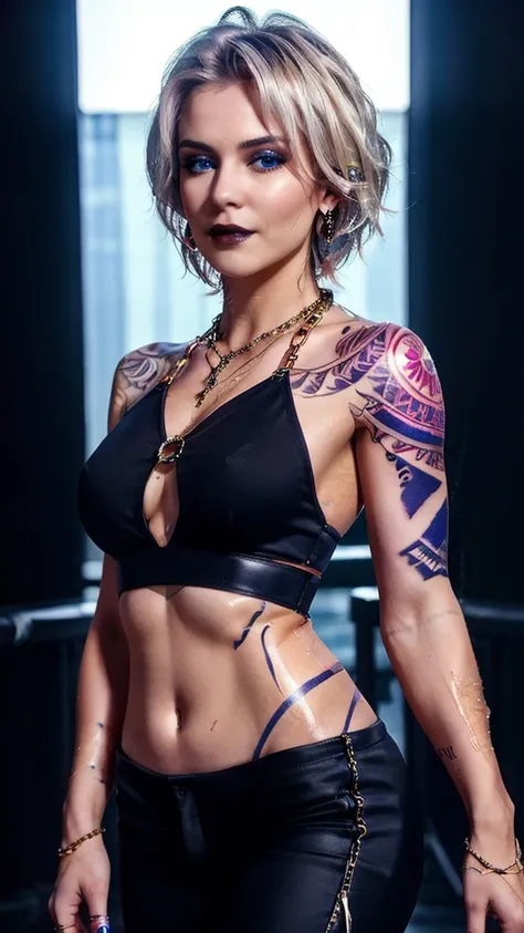 Zoya, perfect lighting, extremely detailed CG, 1girl, breasts, earrings, jewelry, makeup, medium breasts, necklace, shorthair, solo, tattoo, arm tattoo, silver hair, wet, standing, pants, crop top,((masterpiece:1.2, best quality, high resolution, distinct ...