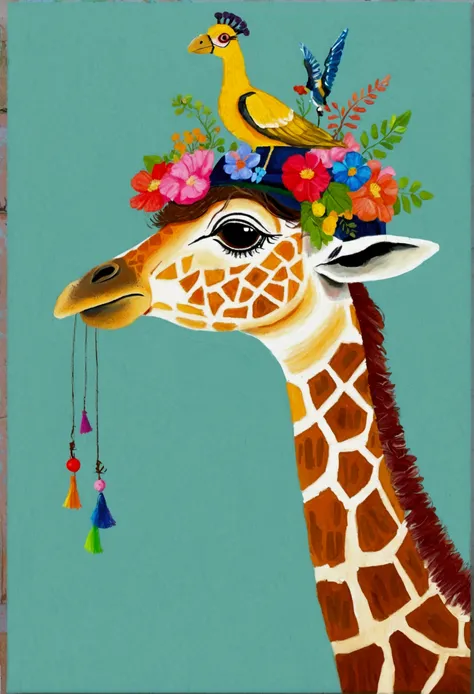 Painting，The painting shows a woman with a giraffe on her head，There is also a parrot on top, Parrot on the head, There&#39;s a bird on her head, Wearing a rap hat, 2020 fashion, Wear a baseball cap backwards, animal hat, Wearing a broken hat, Wear a baseb...