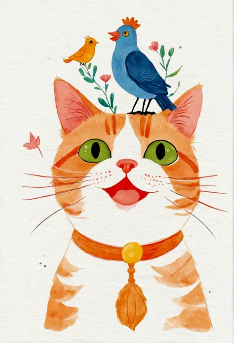 A happy cat with a bird on its head by Joey Moya，Use a simple drawing style，White background，Ultra-fine details，Creative Commons Attribution，Mori style，Hand drawn illustrations，Serene face