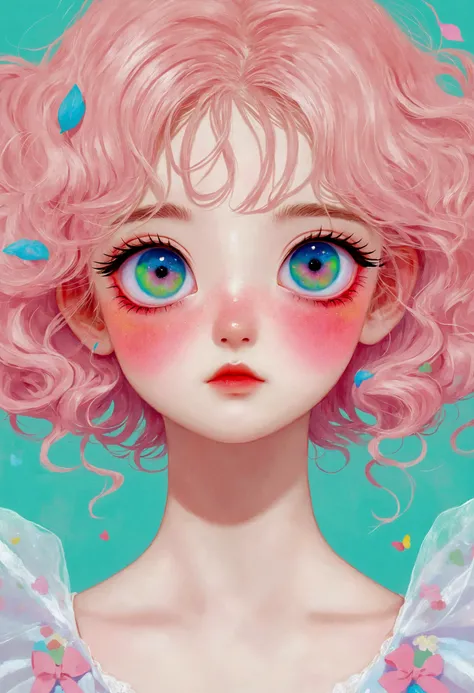 There is a painting，The girl in the painting has many colorful eyes, Animation works by Kentaro Miura, pixiv, Aestheticism, soft Anime Illustrations, Pastel Simple Art, Kawaii realistic portrait, Lo-Fi Girl, colored chalk, Fantasy psychedelic anime, Color ...