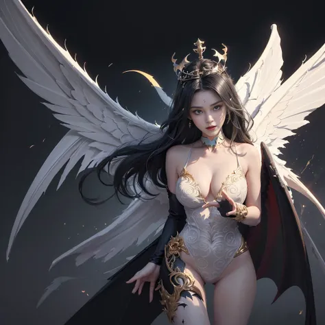 (Realistic picture, highest resolution, 16ก), (A demon god with wide wings and enormous power on his shoulders..., Twelve wings on the shoulders., black bat wings:1.3 white angel wings:1.5), 6 angel wings, 6 devil wings, (Beautiful girl with two meter long...