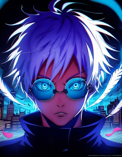 (score_9, score_8_up, score_7_up), zpdxl, 1 boy, alone, looking at viewer, simple warm colored background, neon blue eyes, city ...