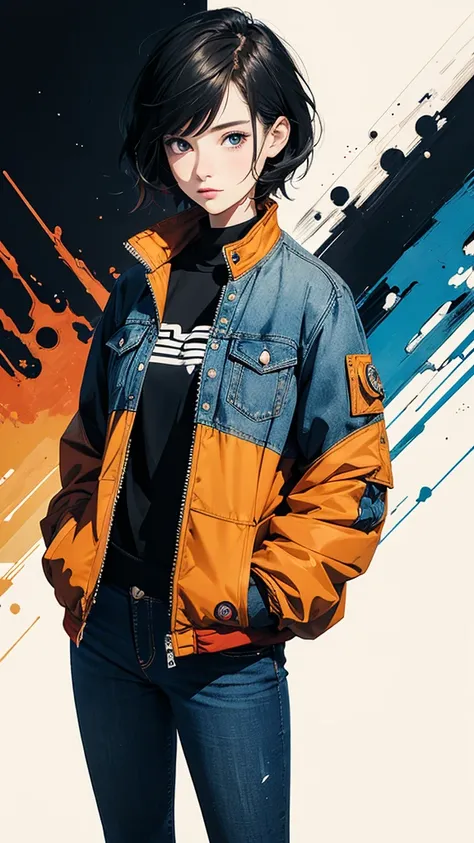 From above, 20-year-old woman, Asymmetrical short hair, Hands in pockets, Jacket and skinny jeans combination:1.2, Petal Collage, abstract design, artistic juxtapositions, And handle background, warm color, mixed-media approach, Anime Style, Digital Painti...