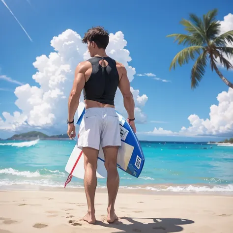 male, alone, tanned body, tanned body, male性サーファー, back view, beach, palm tree, stand on a surfboard, heat haze, mirage, blue sk...