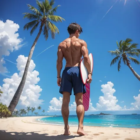 male, alone, tanned body, tanned body, male性サーファー, back view, beach, palm tree, stand on a surfboard, heat haze, mirage, blue sk...