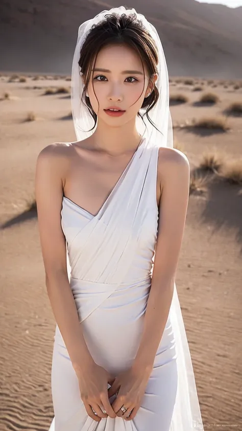 In foggy weather, I see a bare-skinned woman wearing a white veil, Energetic in the desert. This image is、Inspired by the determined movements of the woman and the dramatic backdrop、It captures the raw, powerful emotion.。. High quality detail in photos、The...