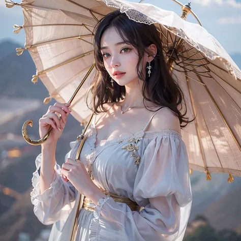 A woman holding a parasol stands on top of a hill、Gothic Dress、青空と雲1 girl, Highest quality, masterpiece, Ultra-high resolution, (Realistic:1.4), RAW Photos, 1 girl, Cinema Lighting,((Highest quality、masterpiece、8k、Best image quality、Ultra-high resolution、A...