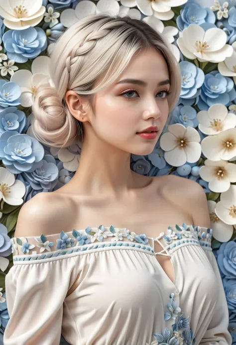 feminine, high detail and quality, 8k ultra hd, 3d, beautiful woman, plump, morning, nemophila, fashion magazine cover, seamless...