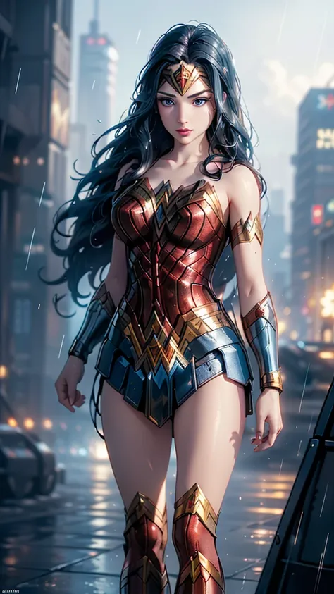 (best quality, the high resolution, ultra - detailed, actual), ariana grande es wonder woman, (cloudy rain futuristic city cyber...