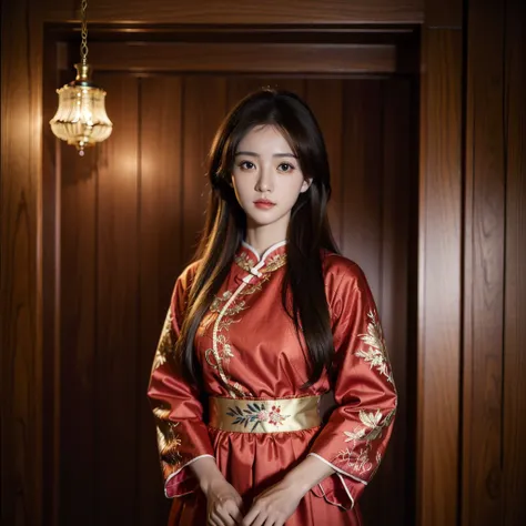 ((Highest quality)), ((masterpiece)), (detailed), （Perfect Face）、The woman is Ogiso Setsuna, with light brown, medium-long hair and a gorgeous red Chinese dress with gold embroidery and trim.