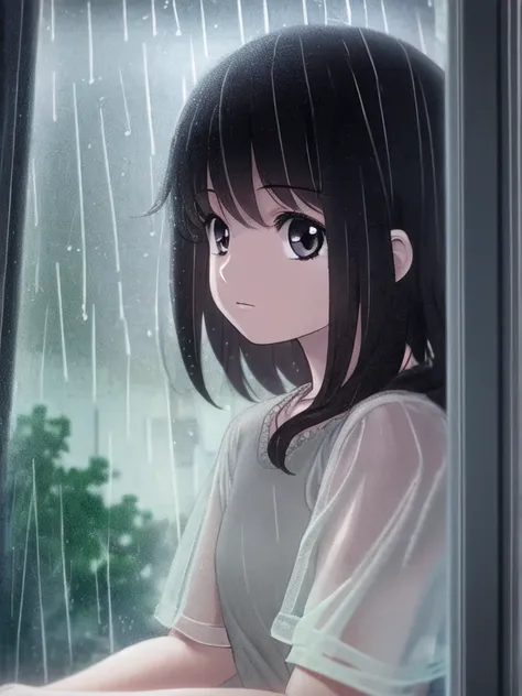 a young girl looking from window while its raining