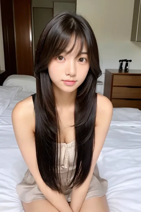 masterpiece、High resolution、Japanese Beauty、Sunburnt black skin、Beautiful straight hair、Brown Hair、、Full body angle、Stylish bedroom、Strapless camisole