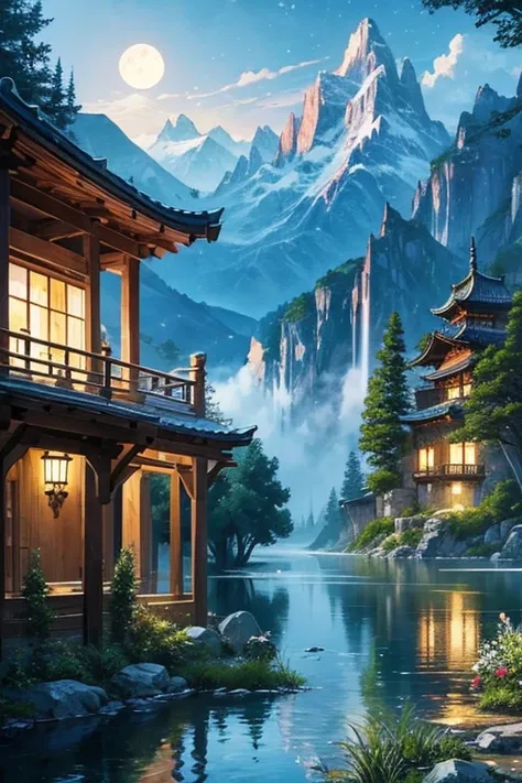 Highest quality、masterpiece、Landscape painting、Moon, Mountains and Lakes、night、Surrealism