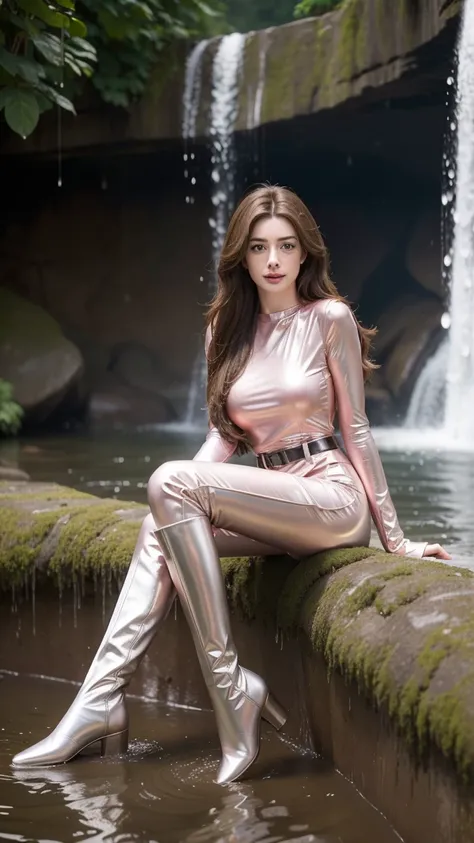 Young Anne Hathaway has long brown hair,Wearing a pink shiny full body suit，Full breasts，Long legs，Over the knee boots，Wear a belt，Sitting in the mud under the waterfall，Water flows from head to toe，The body is covered with water droplets，Wet hair，Full bod...