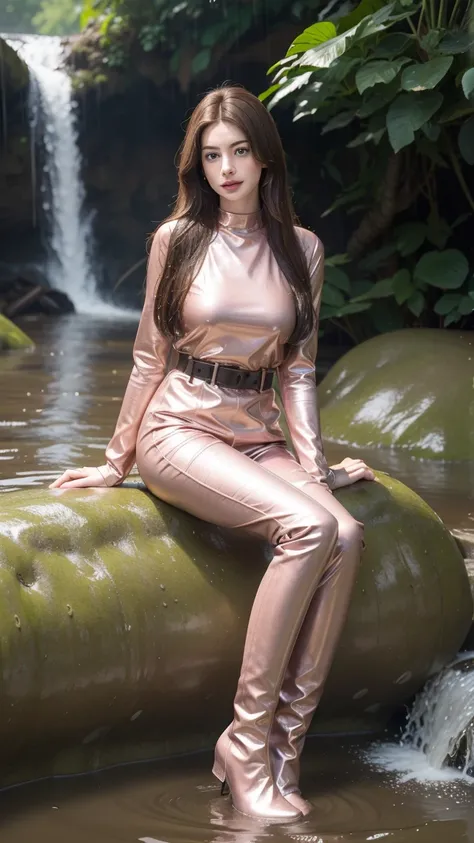 Young Anne Hathaway has long brown hair,Wearing a pink shiny full body suit，Full breasts，Long legs，Over the knee boots，Wear a belt，Sitting in the mud under the waterfall，Water flows from head to toe，The body is covered with water droplets，Wet hair，Full bod...