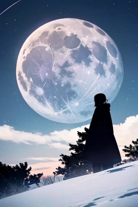 Highest quality,Big moon and shadow,A silhouette of a person can be seen against the backdrop of a large moon.,There is one full moon,There is a mood,Beautiful scenery,Starry Sky