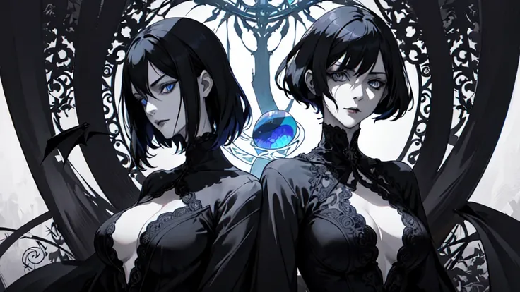 Basic Art Nouveau，Vampire woman with black hair and blue eyes，short hair，（Upper body portrait），young，(((Oval Face)))，Dark clothing，Soft and melancholic face，beautifully，No wrinkles，Gothic style，Synthwave meets Art Nouveau，Bold and smooth lines，Dynamic comp...