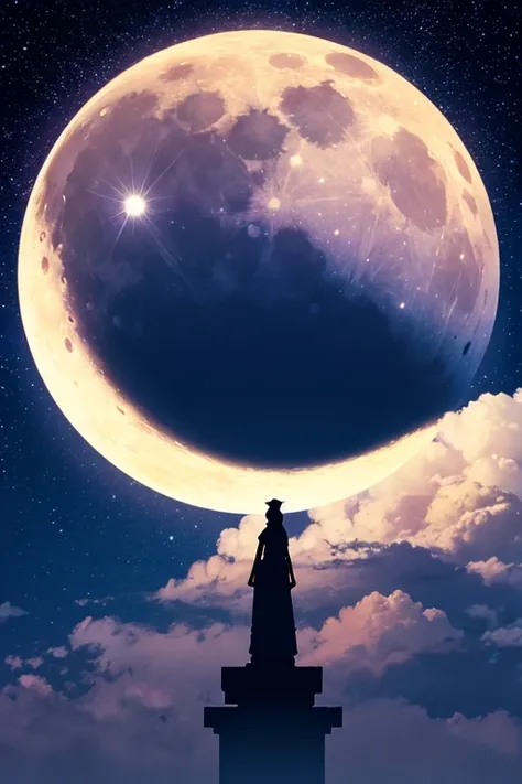 Highest quality,Big moon and shadow,A silhouette of a person can be seen against the backdrop of a large moon.,There is one full moon,There is a mood,Beautiful scenery,Starry Sky