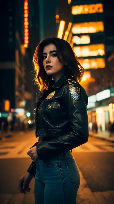 Portrait of a beautiful female model natlp, Georgia Fowler, Beautiful Face, Short dark brown hair, Cyberpunk city at night. She is wearing a leather jacket, Black jeans, Dramatic lighting, (Police Badge:1.2)