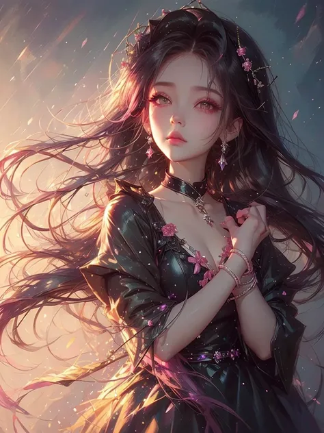 High quality, high resolution, beautiful girl with long hair, pink hair and pink eyes, black gothic lolita outfit, moonlit night, magic wand, Korean glitter eye makeup, very delicate makeup, shiny hair